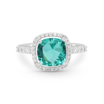 Halo Art Deco Wedding Ring Simulated Paraiba Tourmaline CZ 925 Sterling Silver